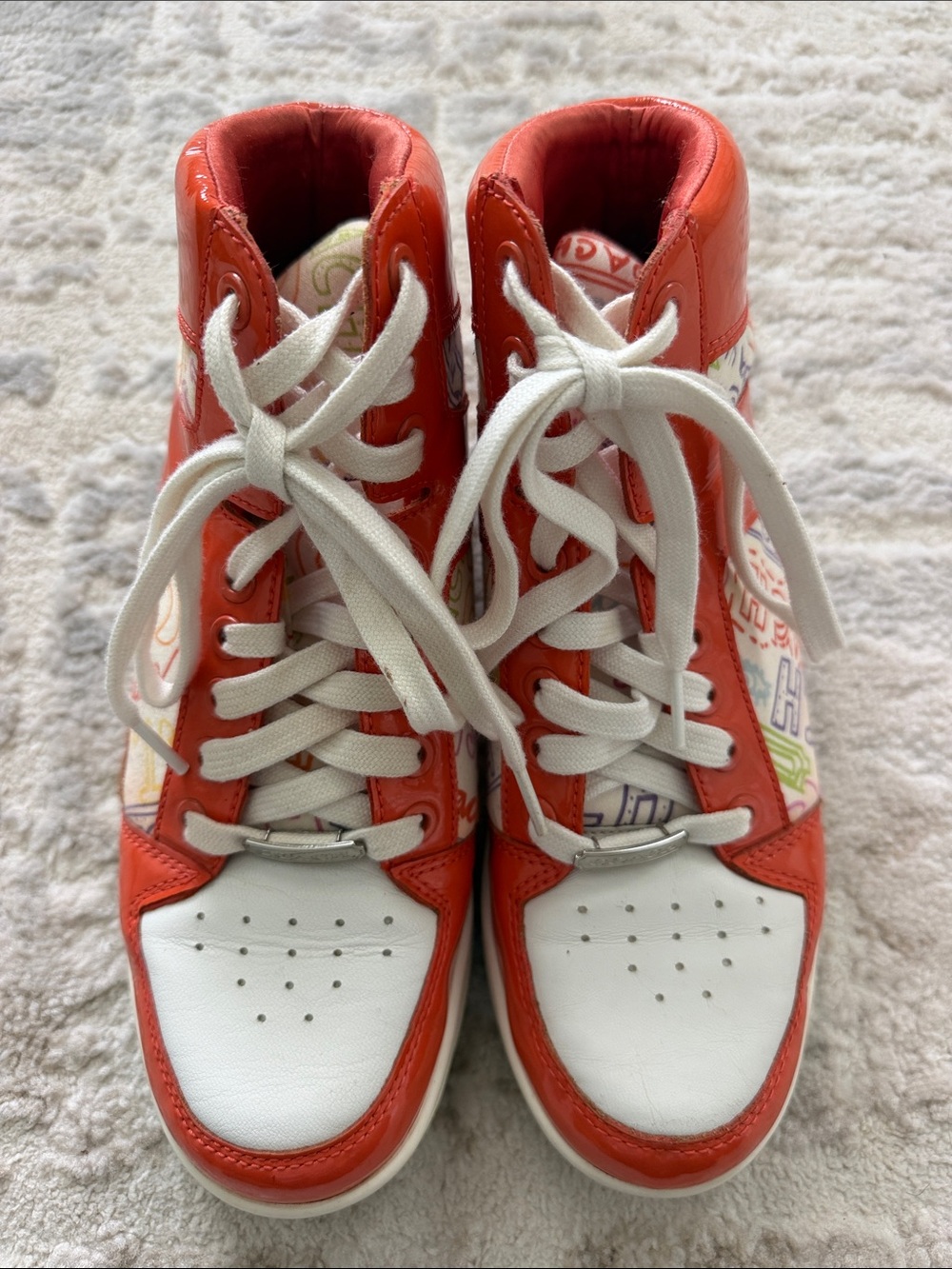 Coach High-Top Sneakers in Orange and White with Multicolor Accents
